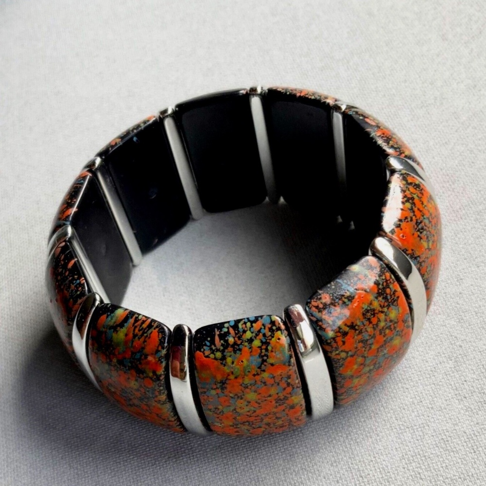 LARGE CHUNKY SILVER TONE & BURNT ORANGE & BLACK STRETCH BRACELET COLORS OF FALL